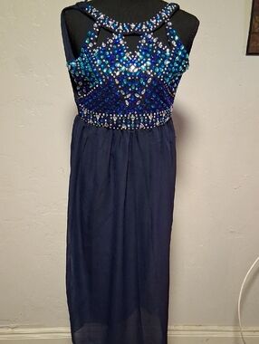 Navy Beaded Evening Gown
